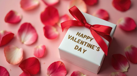 A white gift box adorned with a red ribbon and a Happy Valentine's Day message is surrounded by vibrant rose petals. The romantic setting is perfect for celebrations, showcasing love and affection.の素材