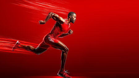 A man is sprinting with full determination in a bright red track and field jersey. The motion conveys speed and energy against a striking red backdrop.の素材