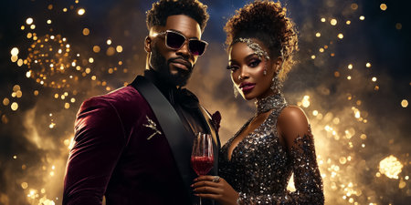 A couple enjoys a magical New Year's Eve celebration under a dazzling cosmic sky filled with vibrant fireworks while holding glowing goblets.の素材