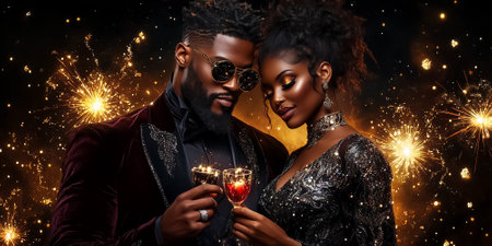 A couple clad in elegant attire celebrates New Years Eve, illuminated by vibrant fireworks in a magical atmosphere filled with swirling light and ethereal mist.の素材