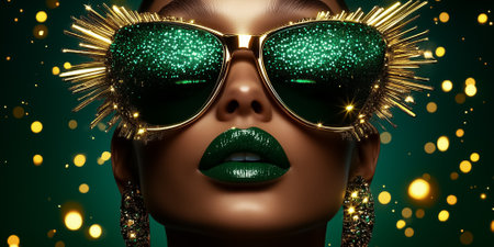 A female monkey basks in holiday lights adorned in emerald green and gold with ornate jewelry. Her bold makeup and reflective glasses create a vibrant, whimsical atmosphere.の素材