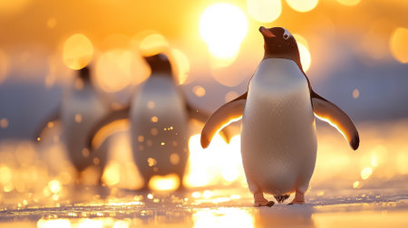 Group of curious penguins waddling across the icy shores of Antarctica with one penguin gazing towards the viewer while sunlight glistens on the ice, creating a magical scene.の素材
