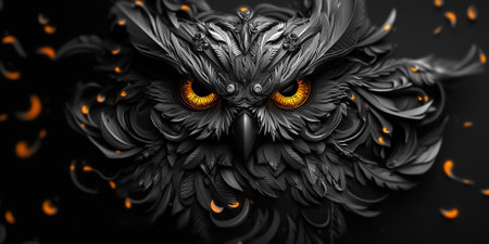 Intricate feathers define a wise owl gazing intensely as its bright eyes reveal mystery and wisdom, set against a dark, captivating background.の素材