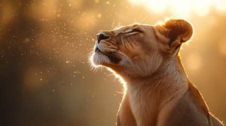 Lioness basking in warm afternoon sun with serene expression on her face surrounded by vibrant African savannah golden light enhances beauty of the sceneの素材
