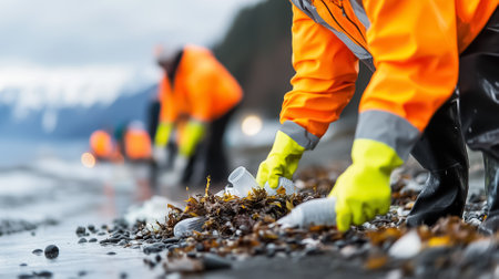 Volunteers are actively cleaning a polluted beach by gathering plastic debris from the shore. The group is dressed in vibrant safety gear, working together in a coastal area.の素材