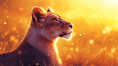 Lioness basking in warm golden sunlight while resting on the African savannah surrounded by grasses and soft light enhancing the serene atmosphere.の素材