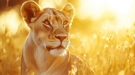 Lioness basking in warm afternoon sun on vast African savannah while gazing into distance surrounded by golden grass under clear sky.の素材