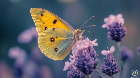 Butterfly gracefully resting on vibrant wildflower petals in a lush garden, captured in soft natural light during spring, creating a serene atmosphere.の素材