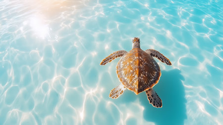 A sea turtle glides smoothly through clear turquoise waters while looking directly at the camera. The sun sparkles on the water's surface creating a serene atmosphere.の素材