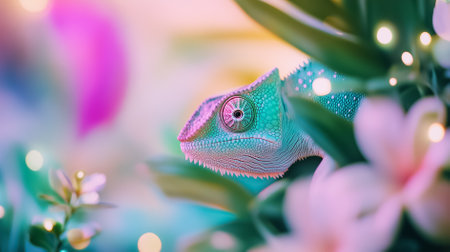 Chameleon is camouflaged among lush tropical foliage showcasing its vibrant colors while gazing directly at the camera surrounded by flowers and greenery.の素材