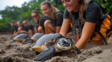 Sea turtles are being released onto the sandy beach by team of conservationists, while team members smile and support process amidst, lush greenery in the background.の素材