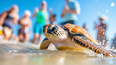 A rehabilitated sea turtle moves toward the ocean while conservationists celebrate its release. The beach is vibrant with people excited about this important moment in wildlife conservation.の素材