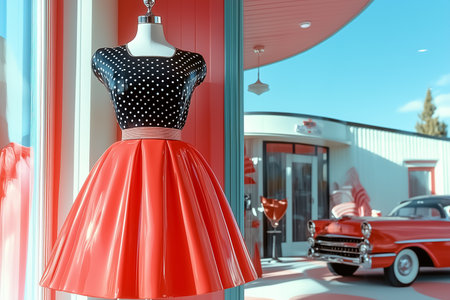 Vintage dress featuring a polka-dot top and flared red skirt is displayed on a mannequin within a boutique. Colorful decor adds charm to the setting and attracts attention.の素材