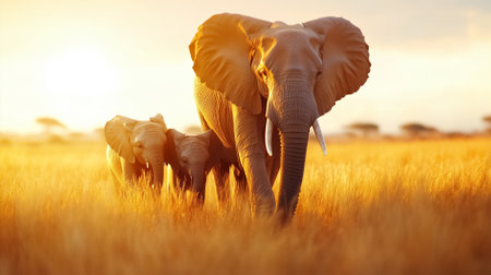 Elephants walk elegantly across the golden grasslands in Africa during a tranquil sunset. The scene captures a serene atmosphere filled with natural beauty.の素材