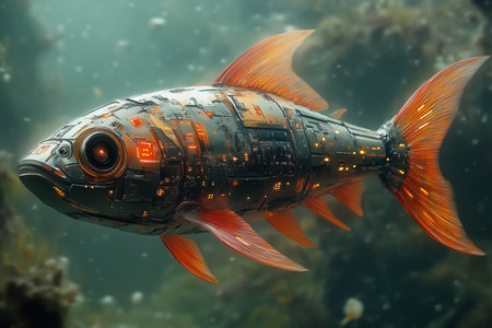 Cybernetic fish swims elegantly in a vibrant underwater environment. The intricate metallic scales shimmer with advanced technology, captivating tech lovers and enthusiasts alike.の素材