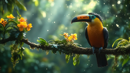 Colorful toucan perched on a branch gazing with vibrant flowers around in the rainforest canopy illuminated by soft sunlight filtering through leaves.の素材