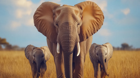 A majestic elephant family walks gracefully across the beautiful African grasslands. The vibrant landscape showcases golden grasses under a bright blue sky.の素材