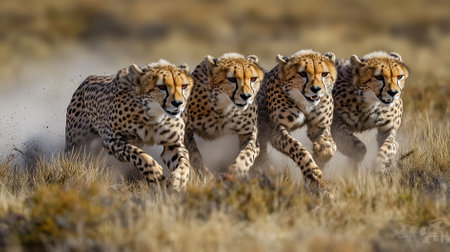 Cheetahs sprinting across the golden grasses of the savannah. This action illustrates agility and focus during a hunt, showcasing the beauty of African wildlife.の素材