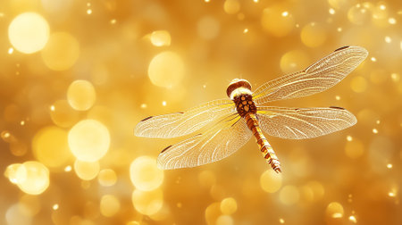 Dragonfly gliding in mid-air with shimmering wings against a golden bokeh setting. Highlights the beauty of nature and motion, offering an enchanting visual experience.の素材
