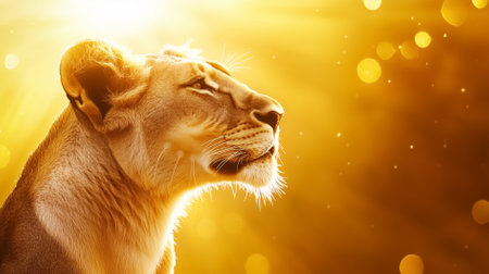 Lioness basking in warm sunlight while positioned on the African savannah. The golden light creates a serene atmosphere enhancing her majestic presence.の素材