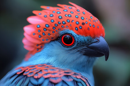 A vibrant and striking bird with unique patterns looks directly at the camera, highlighting the innovations in avian genetic engineering in a lush, futuristic environment.の素材