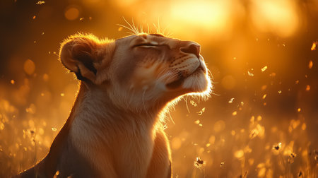 Lioness enjoys the warm golden afternoon rays while surrounded by the African savannah. The tranquil scene captures her peaceful expression in a beautiful natural setting.の素材
