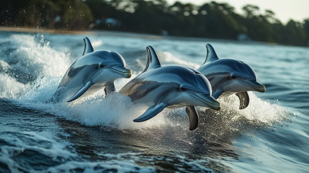 Playful dolphins leap from the surf as a boat glides over the shimmering water, showcasing their acrobatic skills against a serene backdrop.の素材