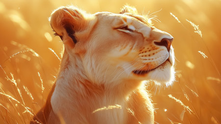 Lioness basking peacefully in the warm afternoon sunlight surrounded by tall grass on the African savannah creating a tranquil outdoor atmosphere.の素材