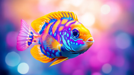 Tropical fish swims gracefully in a colorful underwater world showcasing vivid patterns and intricate details while looking directly at the viewer. The bright hues create a captivating atmosphere.の素材