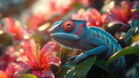 Chameleon camouflaging among colorful flowers and lush leaves, showcasing its vibrant colors in a tropical setting during daylight.の素材