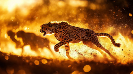 Cheetahs are running swiftly in pursuit of their prey in the golden light of the African savannah. The dynamic scene captures the raw energy of nature during sunrise.の素材