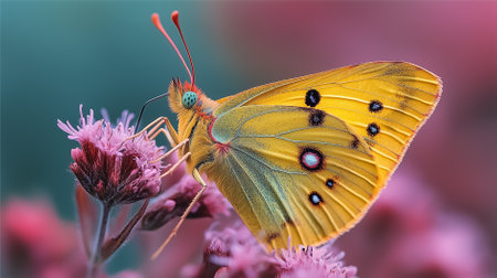 Butterfly rests gently on a vibrant wildflower, displaying soft hues and intricate details. The setting evokes a peaceful garden during springtime, inviting admiration.の素材