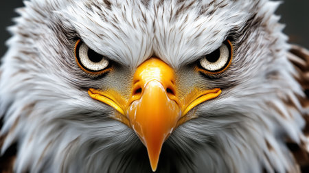 A bald eagle gazes intently at the viewer its wings stretched out majestically. This striking bird represents strength and freedom in a natural habitat.の素材