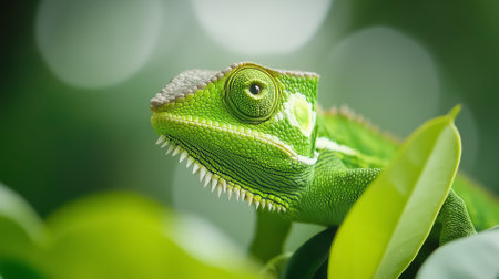 Vibrant chameleon blending seamlessly into lush tropical foliage while gazing at the camera. The exotic environment showcases the beauty and adaptability of this unique creature.の素材