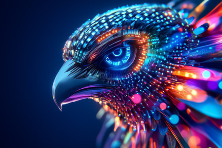 A genetically-engineered gazes directly at the viewer showcasing its vibrant colors and intricate patterns in a digitally enhanced setting, symbolizing the future of avian genetics.の素材