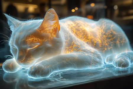A holographic cat rests with shimmering fur projecting lights. This advanced AI companion provides enjoyment and connection for pet enthusiasts. The setting is a modern, well-lit area.の素材