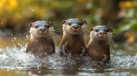 Siblings of otters gleefully splashing in their river habitat while looking directly at the camera among glistening water and vibrant nature.の素材