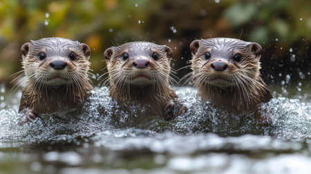 Three otters swim joyfully in a bright river, splashing water all around. Their curious faces gaze out with playful expressions, surrounded by lush greenery.の素材