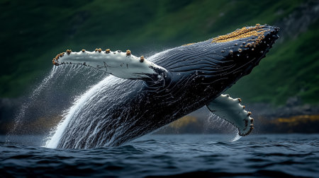 Humpback whale is breaching the surface of the ocean showing impressive energy and motion near a lush green coastline. This powerful encounter the beauty of marine life.の素材