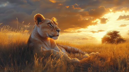 Lioness lounging gracefully on the savannah soaking in the warm afternoon sun with a backdrop of golden skies and tall grass, showing the beauty of nature and wildlife.の素材