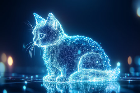 A holographic cat with shimmering fur provides companionship in a sleek digital environment. The cat gazes into the distance, showcasing advanced artificial intelligence.の素材