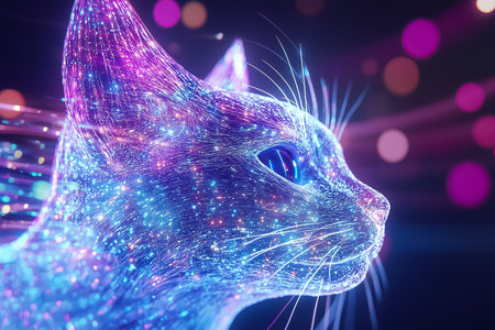 A holographic cat with shimmering fur is gazing directly at the viewer, showing its advanced artificial intelligence.の素材