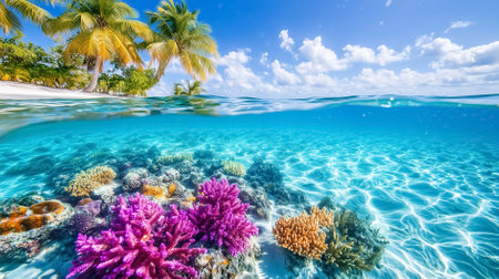 Colorful coral formations flourish beneath the clear turquoise waters of the Caribbean creating a vibrant underwater world. Sunlight sparkles through the water enhancing the beauty.の素材
