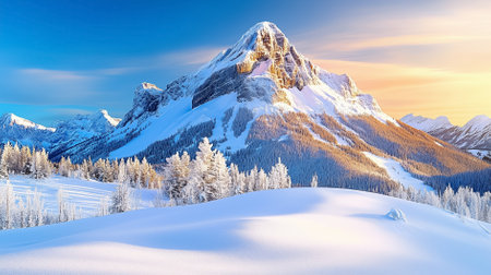 Magnificent snow-covered mountain peak stands tall as dawn light bathes the scene. Surrounding forest adds depth and tranquility to the wintry landscape.の素材