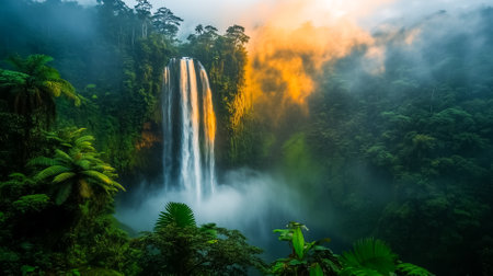 Water flows powerfully from a towering waterfall into a misty gorge, set against a backdrop of dense green rainforest and illuminated by warm sunlight filtering through the trees.の素材