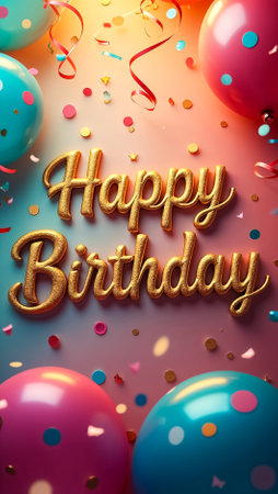 Colorful pink and blue balloons frame golden Happy Birthday lettering, with confetti on a vibrant background, creating a lively atmosphere perfect for a birthday party.の素材