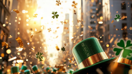 A vibrant crowd dressed in green celebrates Saint Patrick's Day. The urban street is filled with floats, shamrocks, and festive decorations, creating an energetic atmosphere on a sunny day.の素材