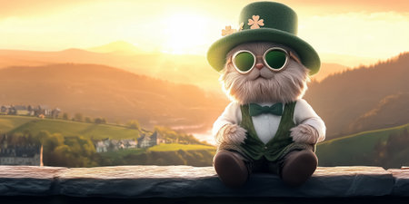 A charming leprechaun character sits on a stone ledge gazing at the camera surrounded by a picturesque sunlit landscape with rolling hills. The warm glow of sunset enhances the festive atmosphere.の素材