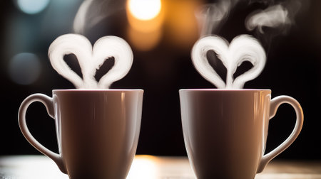 Two mugs stand close together with steam curling into heart shapes. The warm ambiance hints at cozy cafe setting. Soft lighting creates romantic atmosphere.の素材