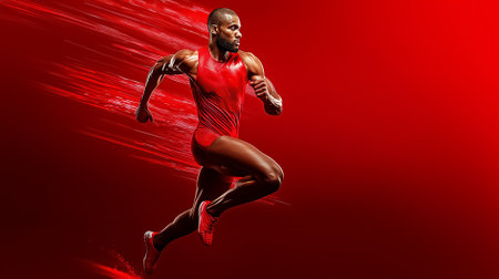 A man sprints with determination wearing a red track and field jersey amidst a striking red backdrop. His powerful muscle and dynamic motion emphasize strength and speed.の素材